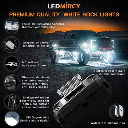 Rock Lights LEDMIRCY R4 Pure White Rock Lights with Wire Harness for Trucks (12 Count)