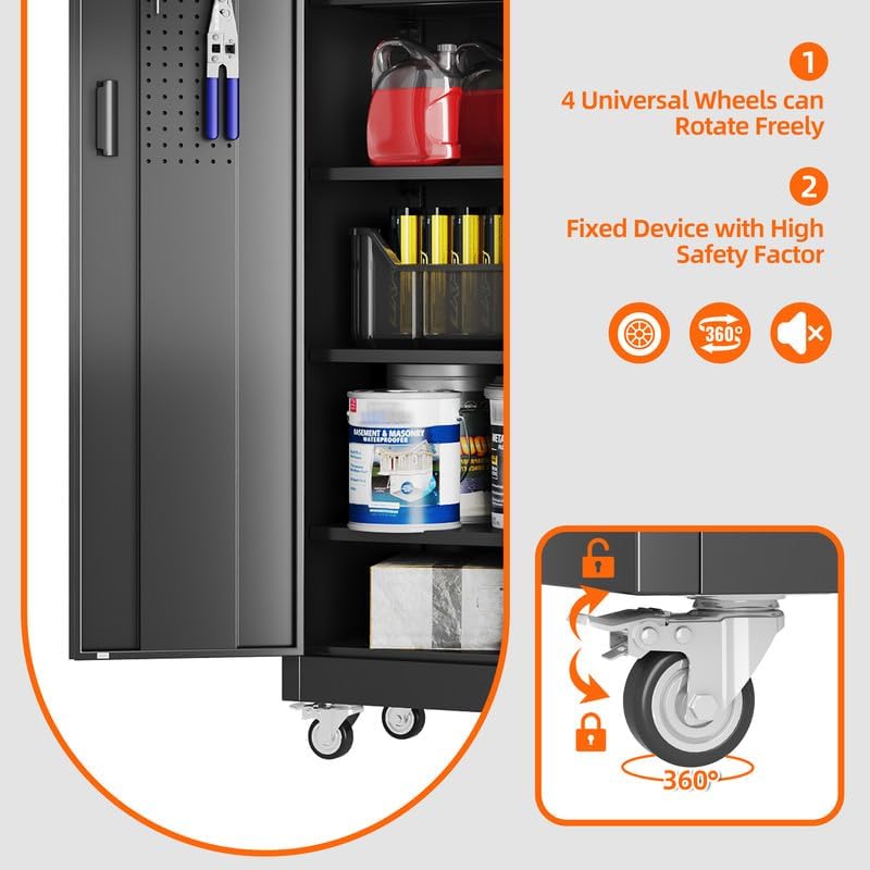 Metal Garage Storage Cabinet with Wheels and Door Pegboard