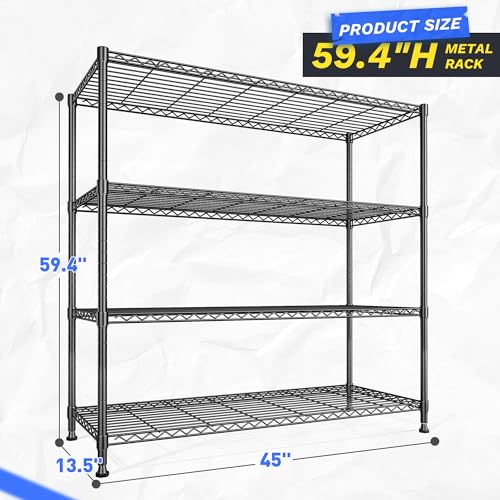 Extra-Wide 4-Tier 800LBS Storage Rack, Adjustable Shelves, Black