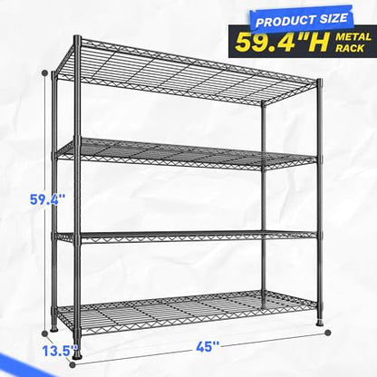 Extra-Wide 4-Tier 800LBS Storage Rack, Adjustable Shelves, Black