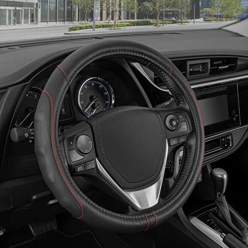 GripDrive Faux Black Leather Steering Wheel Cover for Car Truck Van SUV