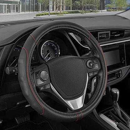 GripDrive Faux Black Leather Steering Wheel Cover for Car Truck Van SUV