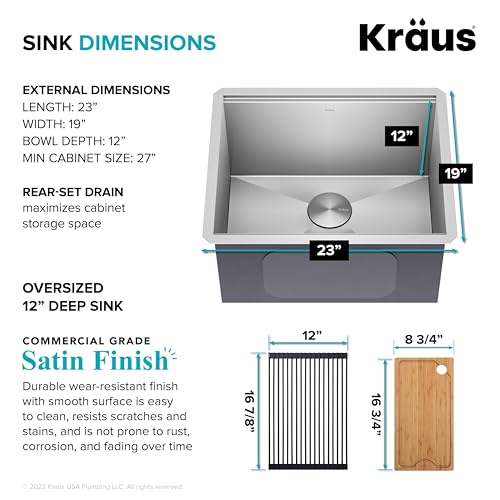 Kore 23 Inch Undermount Workstation Single Bowl 16 Gauge Deep Laundry Utility Stainless Steel Kitchen Sink with Accessories