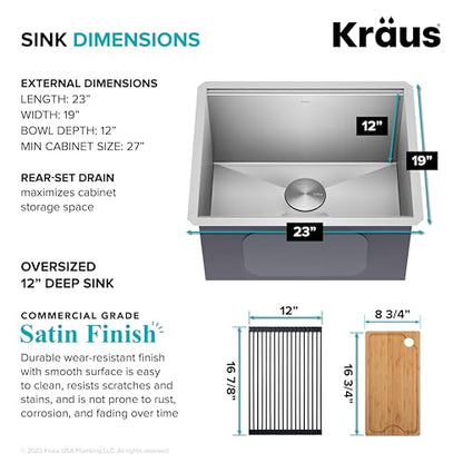 Kore 23 Inch Undermount Workstation Single Bowl 16 Gauge Deep Laundry Utility Stainless Steel Kitchen Sink with Accessories