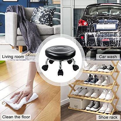 Modern Roller Seat PU Leather Foot Stool Low Round Rolling Stool 360° Step Stool Swivel Small Seat with Universal Wheels for Home Office Garage Shop Fitness Sport H：8.4" （Black）
