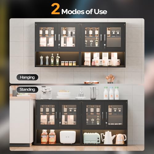 Metal Wall Cabinet with Locking Glass Doors & Magnetic LED Sensor Light