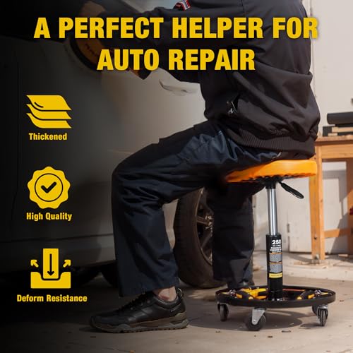 Rolling Mechanic Stool with Wheels Pneumatic Garage Shop Seat Adjustable Height Roller Mechanics Creeper Chair with Tool Tray for Auto Repair