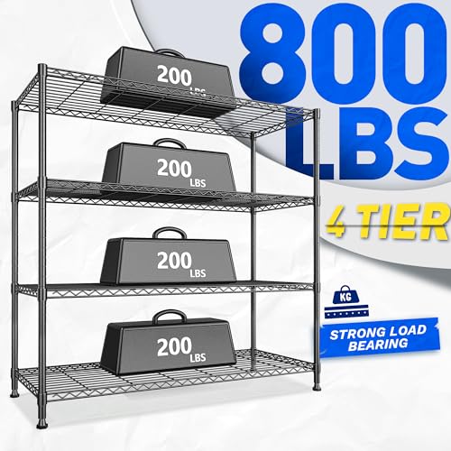 Extra-Wide 4-Tier 800LBS Storage Rack, Adjustable Shelves, Black