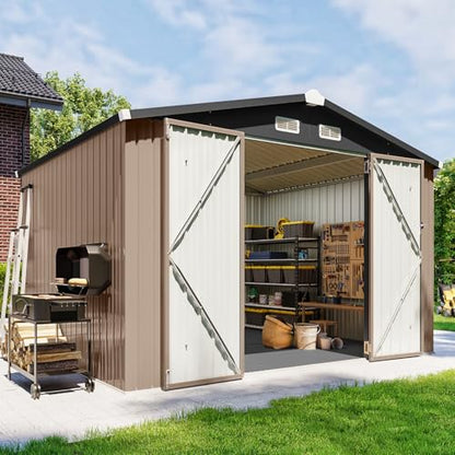 10x8 FT Outdoor Metal Storage Shed with Floor & Lockable Double Doors