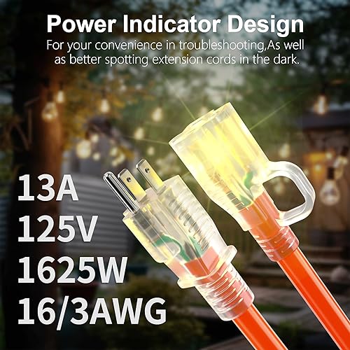 Indoor Outdoor Orange Extension Cord 50 FT with Lighted 16 Gauge
