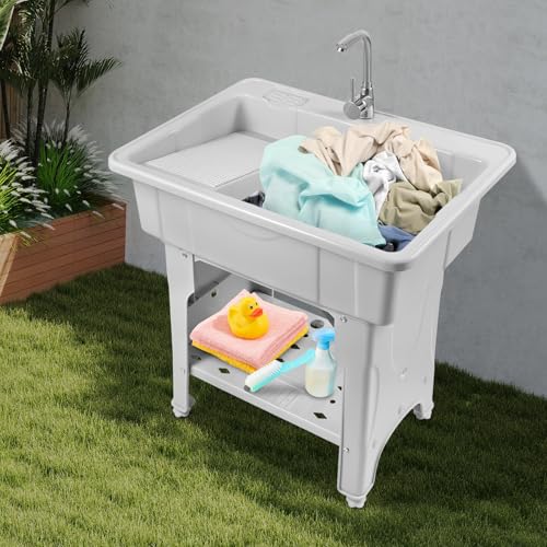 Freestanding Utility Sink Plastic Laundry Tub Spacious Sink with Storage Shelf Indoor Outdoor Wash Station for Bathroom Washing Room
