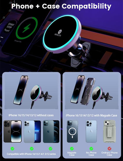 for Magsafe Car Mount Charger 15W LED RGB Car Phone Holder for Dash Vent