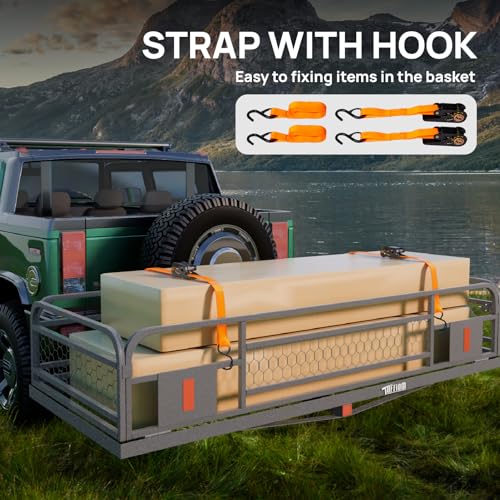 60''X 24''X14'' Folding Hitch Mount Cargo Carrier Basket with Stablizer and Straps