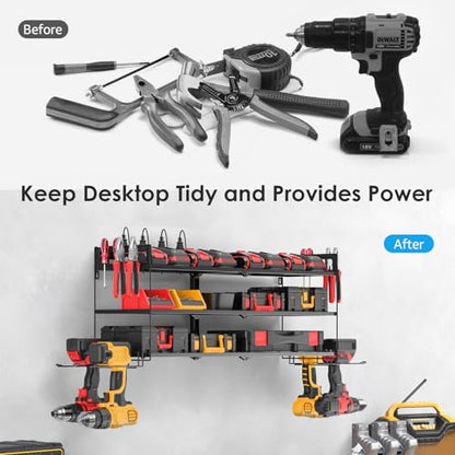 Large Garage Tools Storage with Charging Station. Power Tool Battery Organizer Utility Shelf with Power Strip. 4 Drills Holder Wall Mount Rack (11.5 Count)