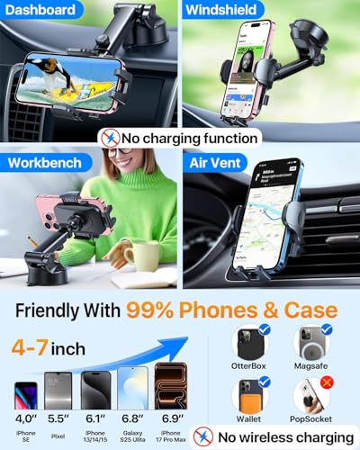 Car Phone Holder【2026 Upgraded 100+LBS Suction & Safety Cert】 Cell Phone Car Mount for Truck Heavy Duty Phone Holder for Dashboard
