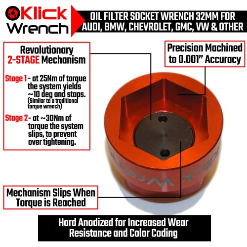 32mm Hex Socket 2 Stage Torque Limiting Oil Filter Wrench Red 6061