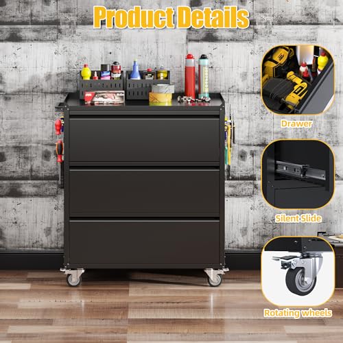 35.5" Rolling Tool Cabinet with 3 Drawers and Side Pegboards