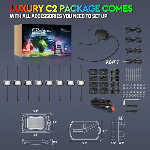 C2 MAX 10 Pods RGB+IC Chasing Rock Lights with Wiring Switch Kit