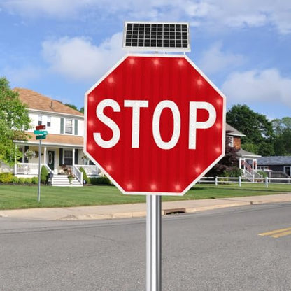 30" Solar Stop Sign Solar Powered LED Blinking Reflective Street Traffic Warning Sign Octagon Rust