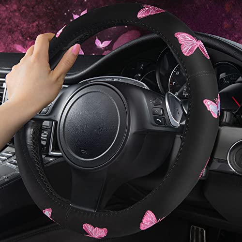 Pink Embroidery Butterfly Steering Wheel Cover