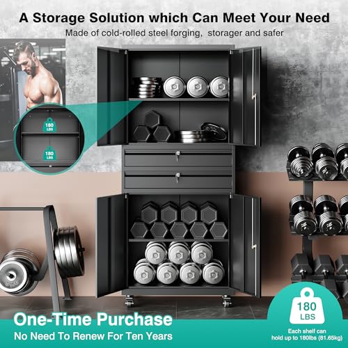 Metal Storage Cabinet with Wheels and Drawers