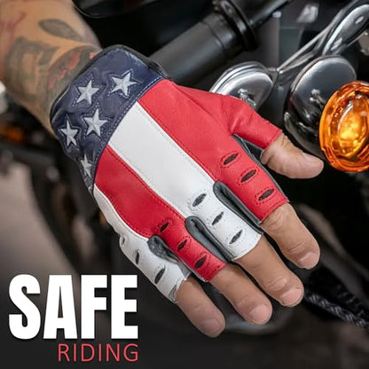 Hugger American Flag Fingerless Leather Gloves for Men