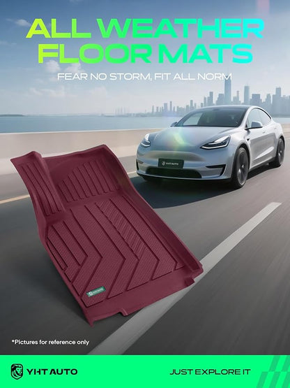 YHTAUTO Floor Mats Compatible with Tesla Model Y Juniper 2025 2026 5-Seat, TPE All Weather Car Mats Waterproof Anti-Slip Odorless 1st & 2nd Row Floor Liner, Set of 3, Red