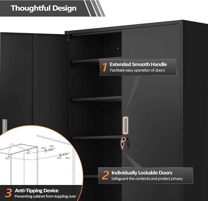 VINGLI Large Metal Storage Cabinet with 2 Doors and 5 Adjustable Shelves, Upgraded Height & Wide & Deep, 43''W x 20''D x 72''H, Oversized Garage Storage Cabinet with Wheels and Locks (Black)
