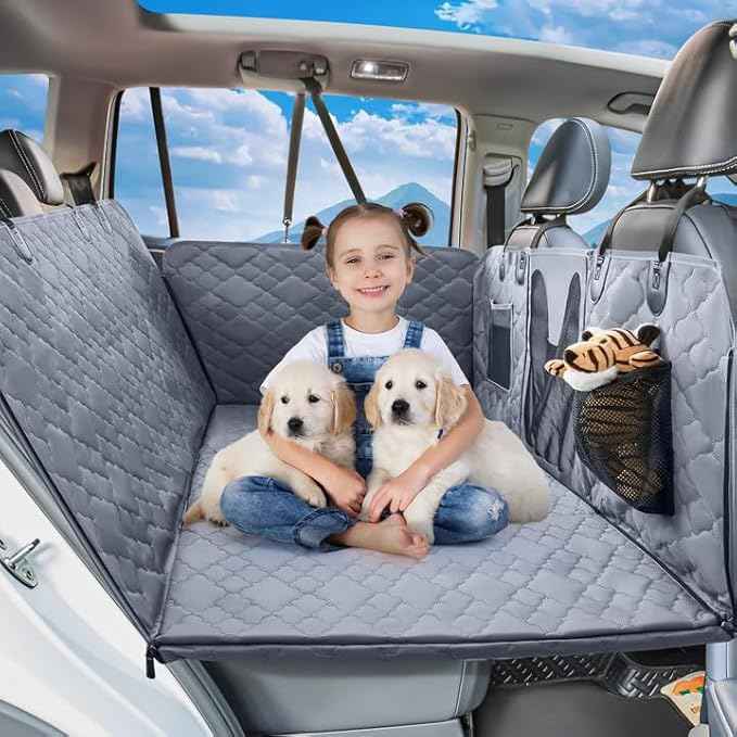Dog Car Seat Cover - Hard Bottom with Mesh Window, Fits Back Seat of Trucks & SUVs, Holds 400 lbs, Waterproof