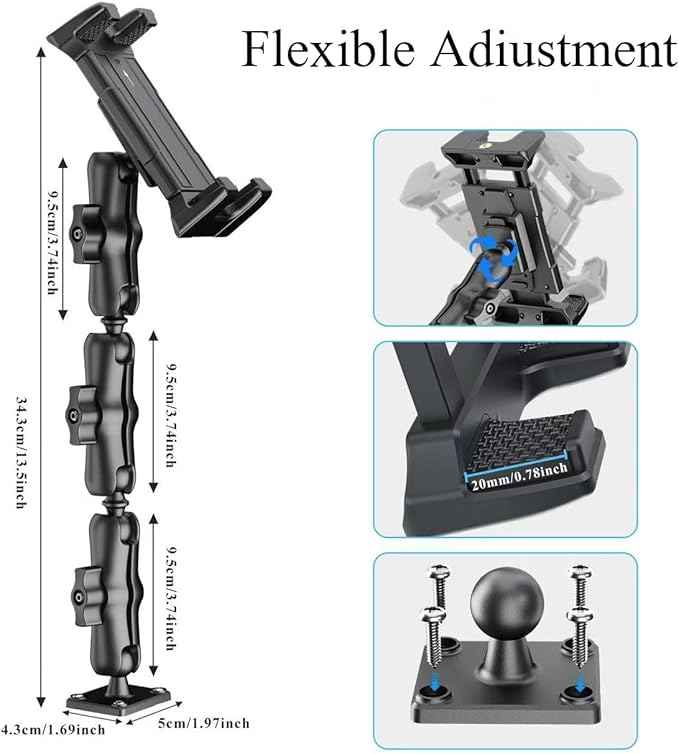 OHLPRO Heavy Duty Drill Base Tablet Mount Holder, 360° Adjustable iPad Mount Truck Dashboard, 3-Stage Stand for 5-13" iPad Pro Air Mini Galaxy Tab Switch, Tablet Vehicle for Car Wall Desk