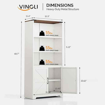 VINGLI Bookcase with Doors and Adjustable Shelves, Steel 70" Tall Bookshelf, 6-Tier Farmhouse Metal Storage Cabinet for Study, Living Room, Home Office, Kitchen Pantry, White Display Cabinet