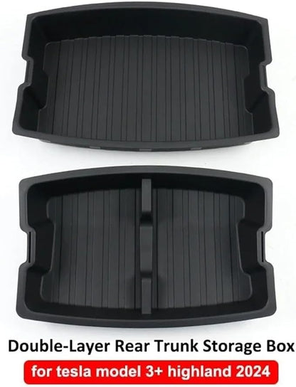 Double-Layer Rear Front Trunk Storage Box Frunk Organizer Tray with Compartments Car Accessories Compatible for Tesla Model 3 Highland 2024 Car Organizer(Rear Double Layer)