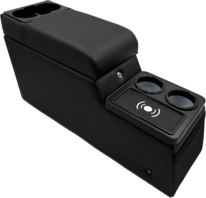 Truck Center Console Truck Seat/Bench Organizer with Wireless Charging and Holder Cups for Jeep CJ5 1976-1983,Jeep CJ7 1976-1986,Jeep Wrangler(YJ) 1987-1995 (Black)