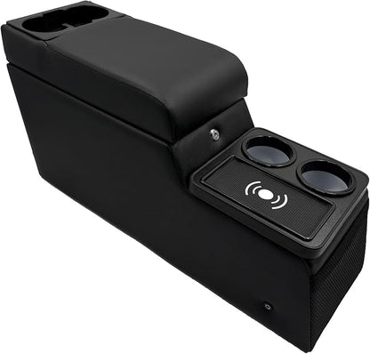 Truck Center Console Truck Seat/Bench Organizer with Wireless Charging and Holder Cups for Jeep CJ5 1976-1983,Jeep CJ7 1976-1986,Jeep Wrangler(YJ) 1987-1995 (Black)