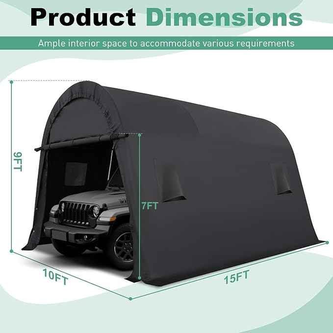 COBIZI Carport 10x15 FT Heavy Duty Portable Garage Storage Shelter Shed with All-Steel Metal Frame & Vents, Round Style Outdoor Storage Shed for Car, Truck, Boat, Patio Furniture Anti-Snow Waterproof