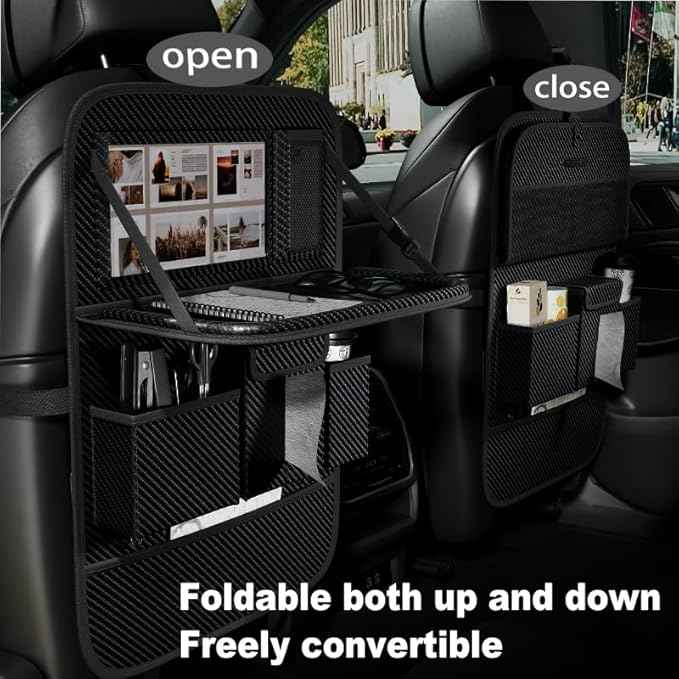 GMQ Back Seat Car Organizer 1 Pack,Backseat Organizer with Tray,Multifunctional Car Seat Back Storage Box with Foldable Tablet Holder (Carbon Black, Weave)