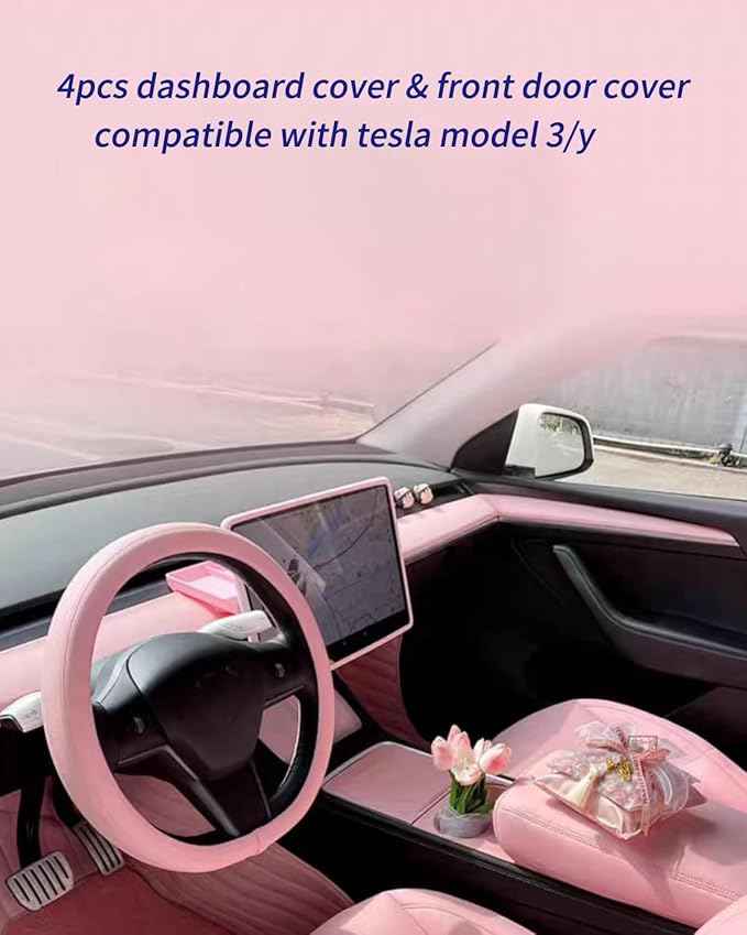 Pink Dashboard Cover and Front Door Cover Compatible with Tesla Model 3（2021-2023） and Model y（2019-2023 (Pink 9 Sets)