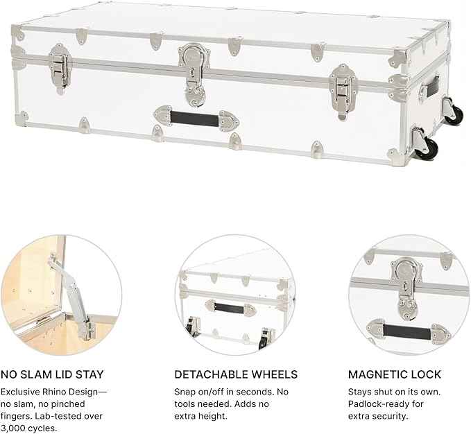 Rhino Trunk & Case Trundle Home Storage & College Trunk With Wheels - 44”x20”x12” - 1500+ lbs Capacity. USA Made Secure Under-Dorm Bed Footlocker for Clothes and Food, and Underbed Shoe Storage Box