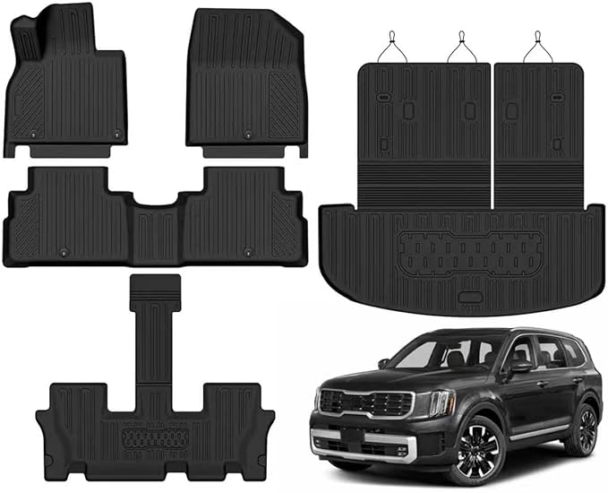 Custom Fit Floor Mats for Kia Telluride 7 Seats 2020-2025, All Weather TPE Floor Liners with Trunk Mat & Backrest Protectors, Odorless Full Set Interior Accessories