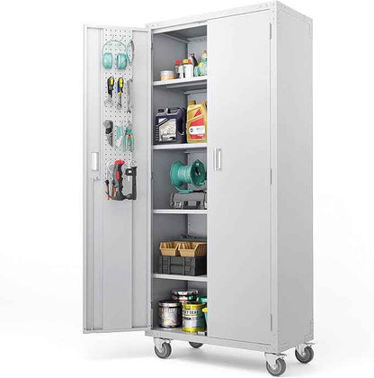 VINGLI 72'' Tall Garage Storage Cabinet, Metal Storage Cabinet with Pegboards, Wheels, Locking Doors and Adjustable Shelves (Gray, 32''W x 16''D x 72''H)