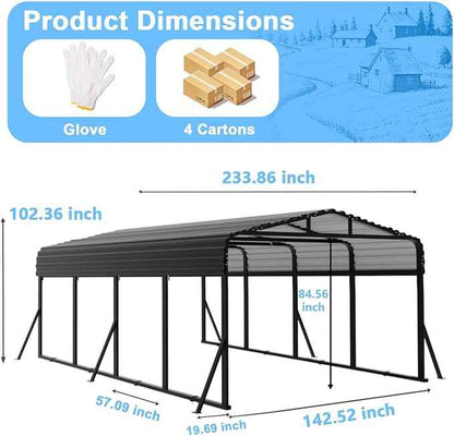 12x20FT Heavy Duty Metal Carport - Reinforced Galvanized Carport Canopy for All-Weather Shelter, Enhanced Wind Resistance for Boats, Cars, Trucks and Tractors