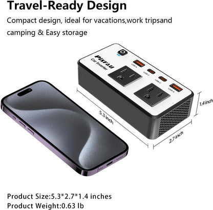 300W Car Power Inverter 12V to 110V，PiSFAU DC to AC Car Plug in Adapter Outlet with Multi USB[24W USB-C] /USB-Fast Charger(24W) Car Inverter，Car Charger for Laptop Vehicles Road Trip Essentials