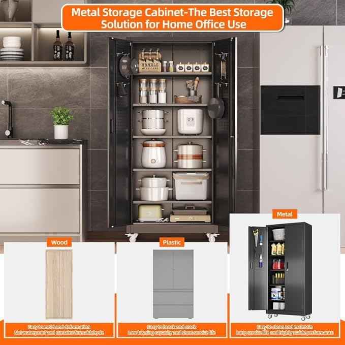 Aobabo Garage Storage Cabinet with Door Pegboard,Lockable Metal Storage Cabinet with 5 Adjustable Shelves for Garage Home,Required Assembly,Black