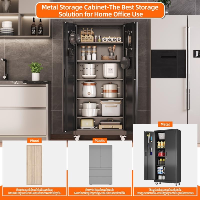 Metal Garage Storage Cabinet with Wheels and Door Pegboard