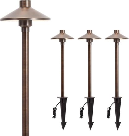 Gardencoin Solid Brass Low Voltage Pathway Lights (6.7'' Shade, 21.9'' Tall), 12V AC/DC Heavy Duty LED Landscape Path Lights Outdoor Wired, Antique Bronze Walkway Lights with Larger Stake, 4-Pack