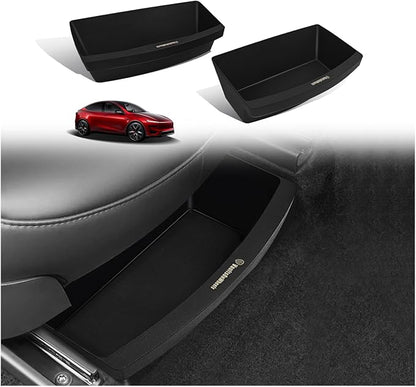 Under Seat Storage Box 2PCS Compatible with Model Y Juniper Refresh Interior Accessories Custom Fit Detachable Underseat Organizer for 1st Row Driver & Passenger Hidden Design