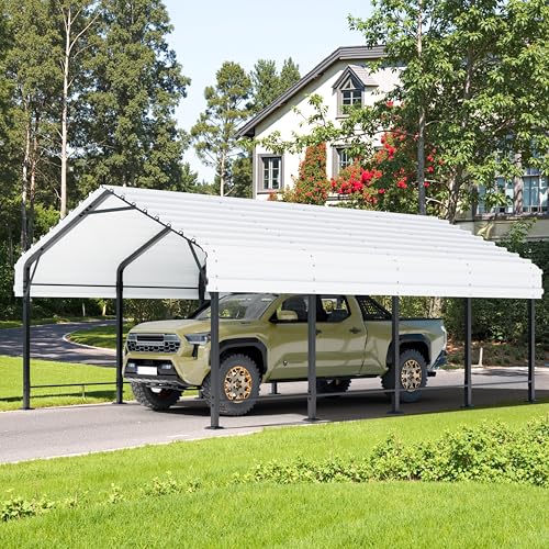 JY QAQA 12 x 20 FT Heavy Duty Metal Carport Canopy with Galvanized Steel Roof