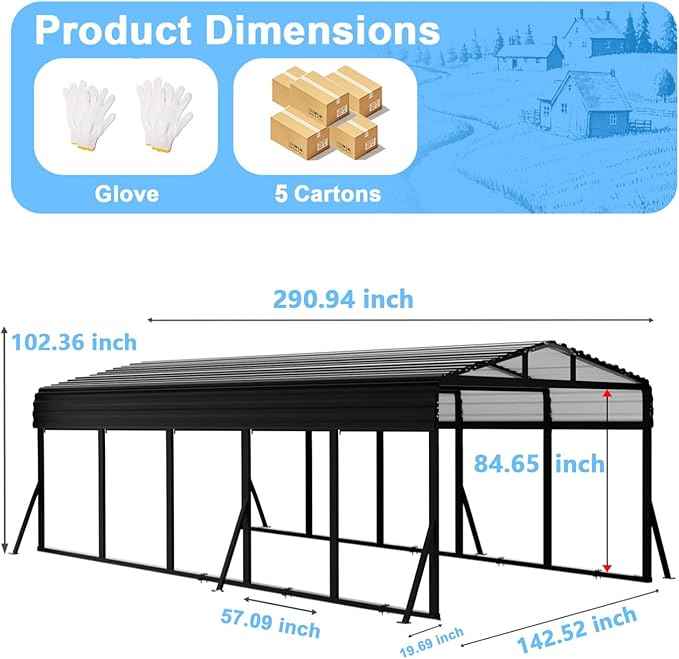 12x25FT Heavy Duty Metal Carport Canopy - Reinforced Galvanized Steel Frame, All-Weather Protection, Easy Assembly Car Port Shelter for Vehicles, Boats & Tractors