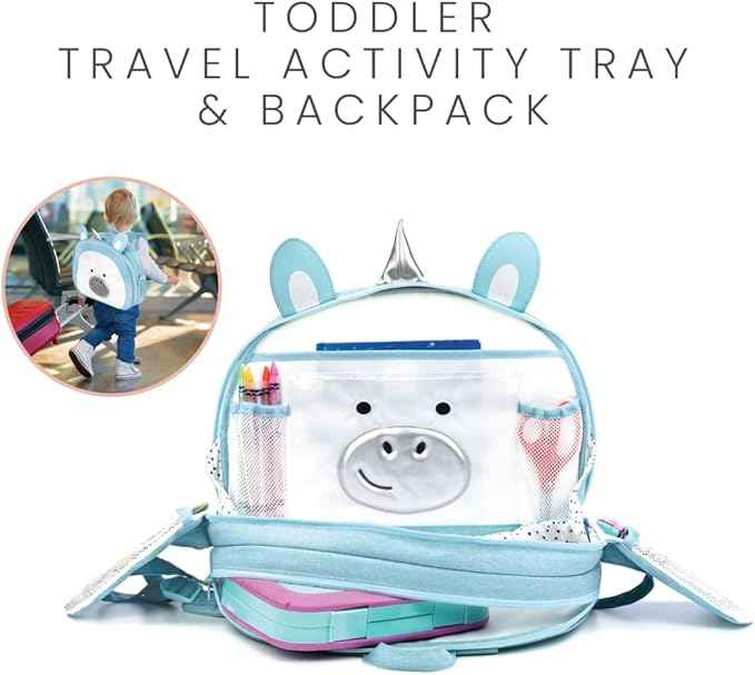Lulyboo Unicorn Toddler Car Seat Tray & Backpack | Kids Travel Lap Desk with Writing Surface, Built-in Cup Holder, 8 Pockets, Tablet Holder, Waterproof & Portable for Car, Airplane, and On-the-Go