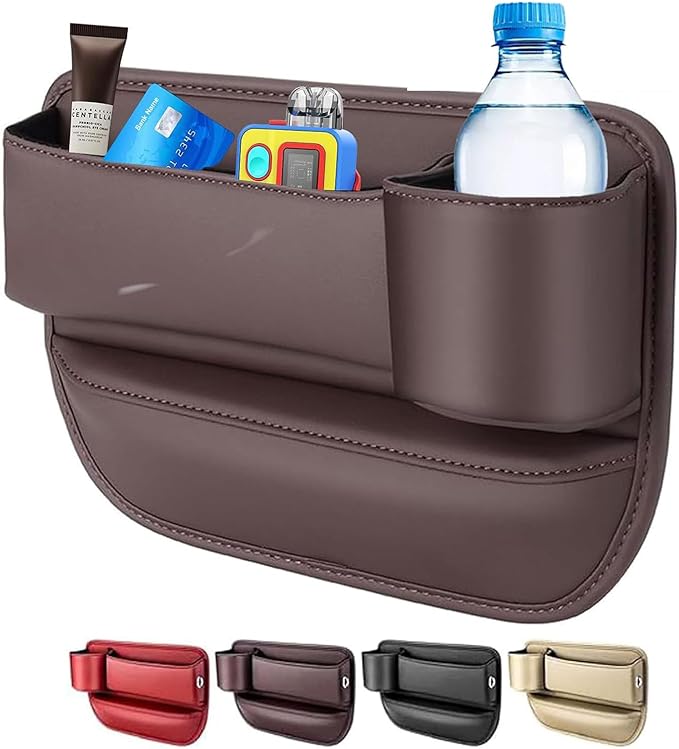 Car Seat Gap Filler Organizer for Tesla Model 3 2017-2025, Leather Seat Gap Storage Box with Cup Holder Phone Keys Glasses Cards Drinks Small Items Interior Accessories, Brown